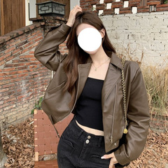 短款皮衣外套女春秋时尚显瘦皮衣气质翻领小个子PU皮显瘦百搭夹克