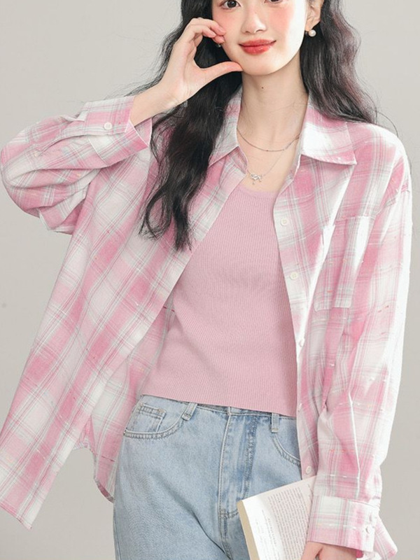 韩系织带格子衬衫女春秋新款高级感法式长袖上衣慵懒风防晒开衫衬|undefined