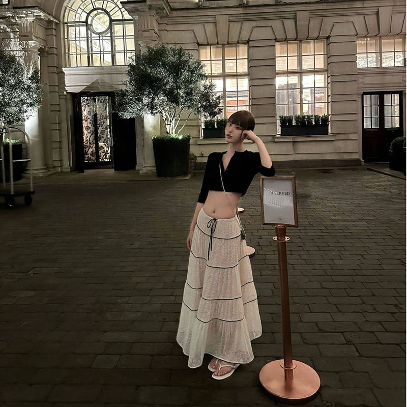 跨境法式浪漫蕾丝边压褶休闲半身裙女夏季新款高腰遮胯宽松大摆长|undefined