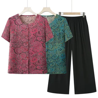 老年人夏装女短袖棉绸套装奶奶装夏季绵绸两件套老太太开衫衣服