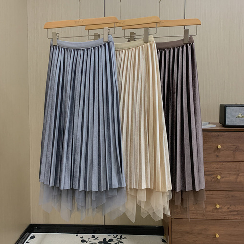 High-waisted half-length skirt for women, elastic waist, middle-long length, pleated, gold silk velvet long dress, loose, plus size, suitable for spring and autumn.