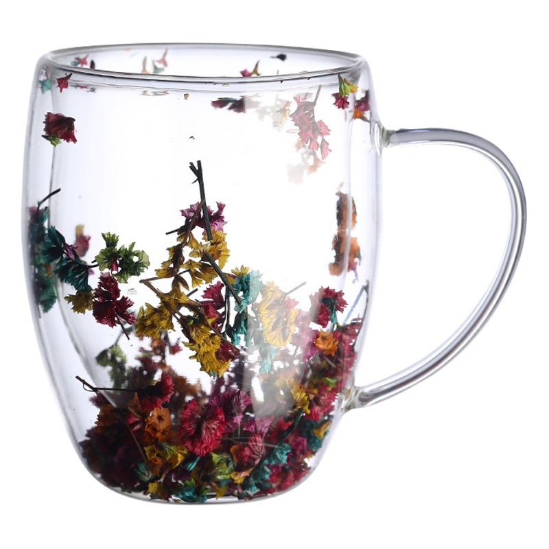 Vaso de Vidrio de Doble Capa con Flores Reales, Famoso en Internet, Alto Valor Estético, Regalo de Recuerdo, Borosilicato de Alta Resistencia, Diseño Simple con Tapa, Resistente a Altas Temperaturas.