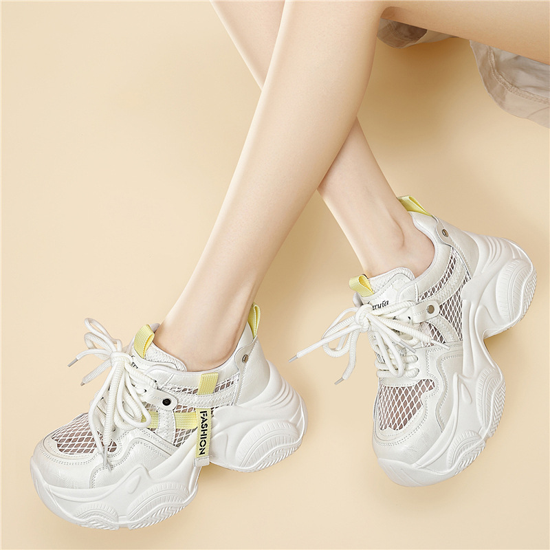 Giày sneaker nữ đế dày tăng chiều cao lưới thoáng khí mùa hè — 6158 Xám, 6158 Màu vàng