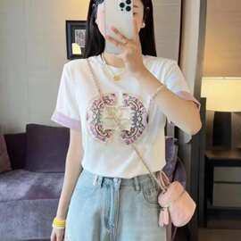 正肩刺绣上衣早春夏装2024新款夏季新中式中国风短袖t恤女装