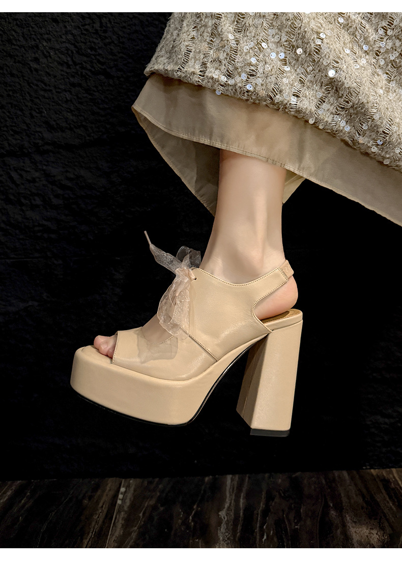 Sandal cao gót nữ hở mũi gót 12 cm đế platform quai dây ruy băng phong cách La Mã — màu đen, màu mơ chi tiết 14