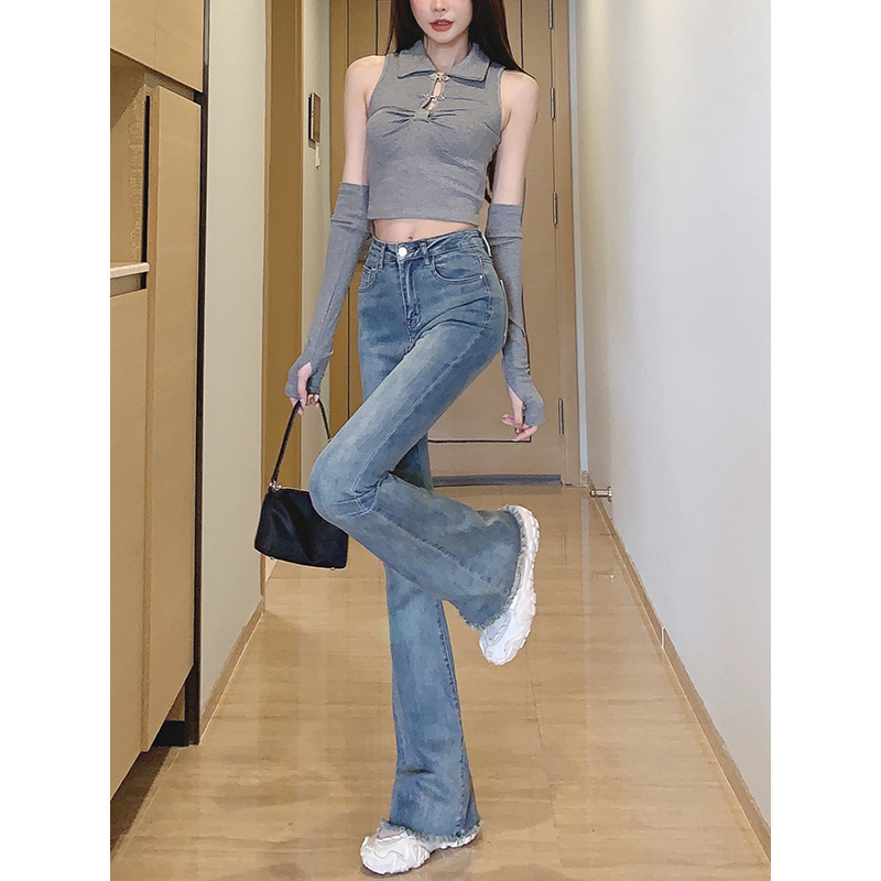 High-Waisted Frayed Hem Flared Jeans for Women, Petite Size, Light-Colored, Spring/Summer Thin Style, 2024 New Slimming Hot-Selling Model High-Waisted Frayed Hem Flared Jeans for Women, Petite Size, Light-Colored, Spring/Summer Thin Style, 2024 New Slimming Hot-Selling Model