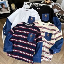 25新款牛仔袖条纹打底衫刺绣透气舒适童装纯色假两件条纹打底衫