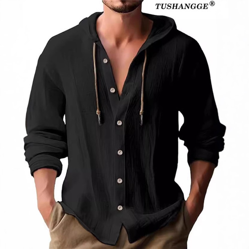Cross-border AliExpress 2025 New Spring Men's Hooded T-Shirt Pure Cotton Linen Men's Casual Long-Sleeve Top