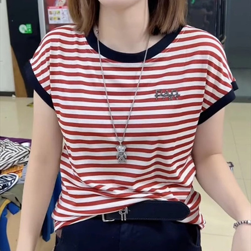 Summer round collar stripe short-sleeved casual style daily breathable T-shirt, foreign style, small pullover, contrasting knitted shirt for women