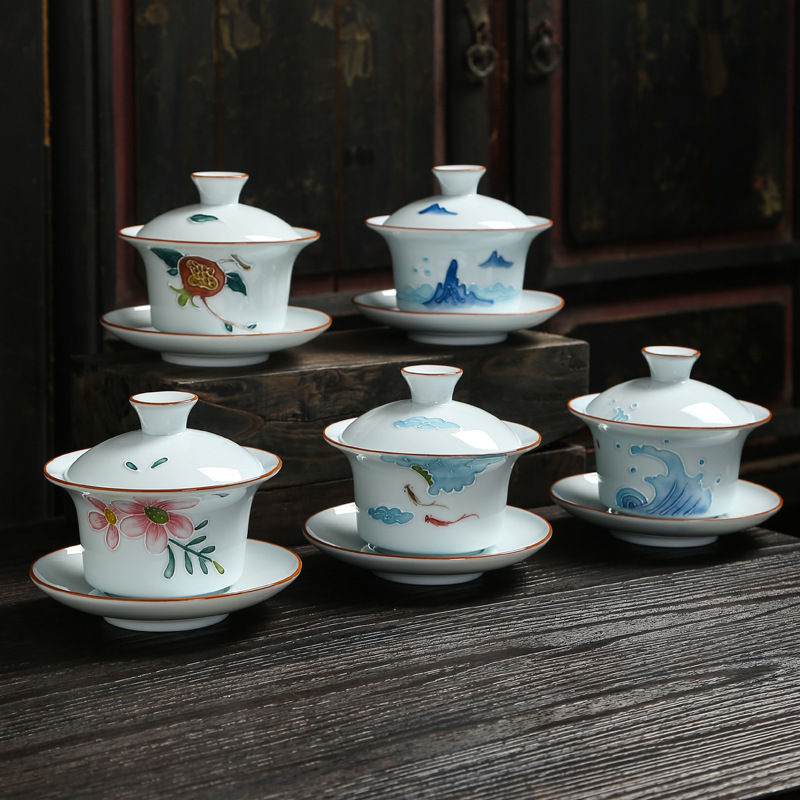 Cubierta pintada a mano Tazón sancai Jing taza de té solo juego de té de Kung Fu de cerámica tazón de té de mano en relieve porcelana blanca creativa