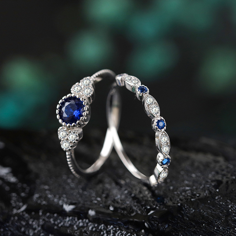 Foreign Trade Wish Hot Selling New Inlaid Emerald Blue Zircon Ring Women's European and American Fashion Sapphire Engagement Ring