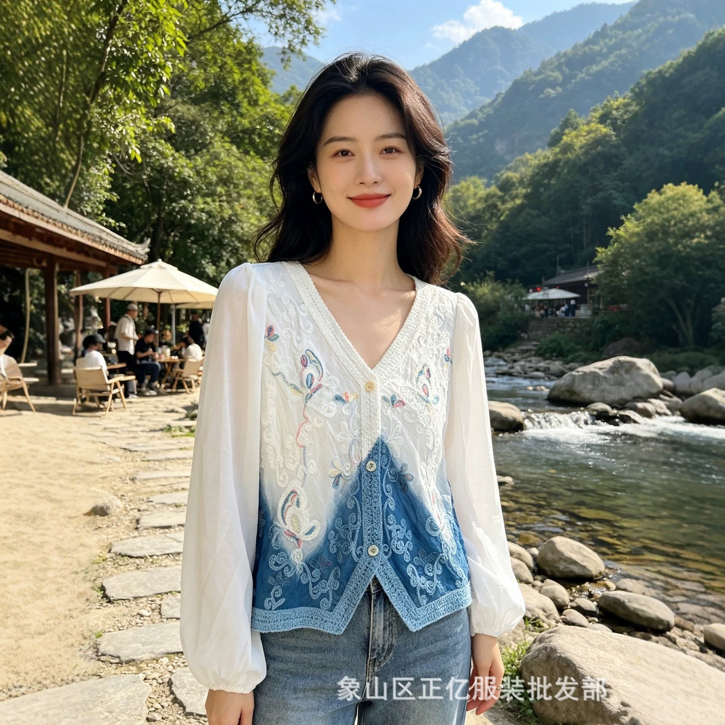 다리 염색 레이스 민족풍 숏 쉬폰 셔츠 여성용 여름 여행 캐주얼 브이넥 긴팔 다용도 자켓