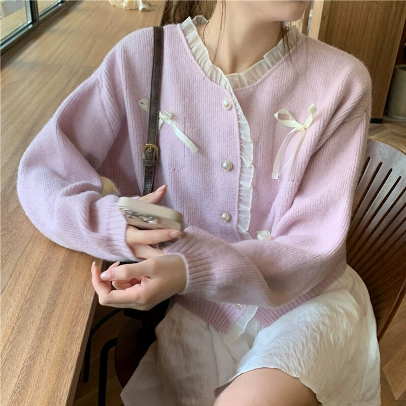 Фуксия свитер с брошкой, вязаный кардиган, французский стиль, стиль Chanel