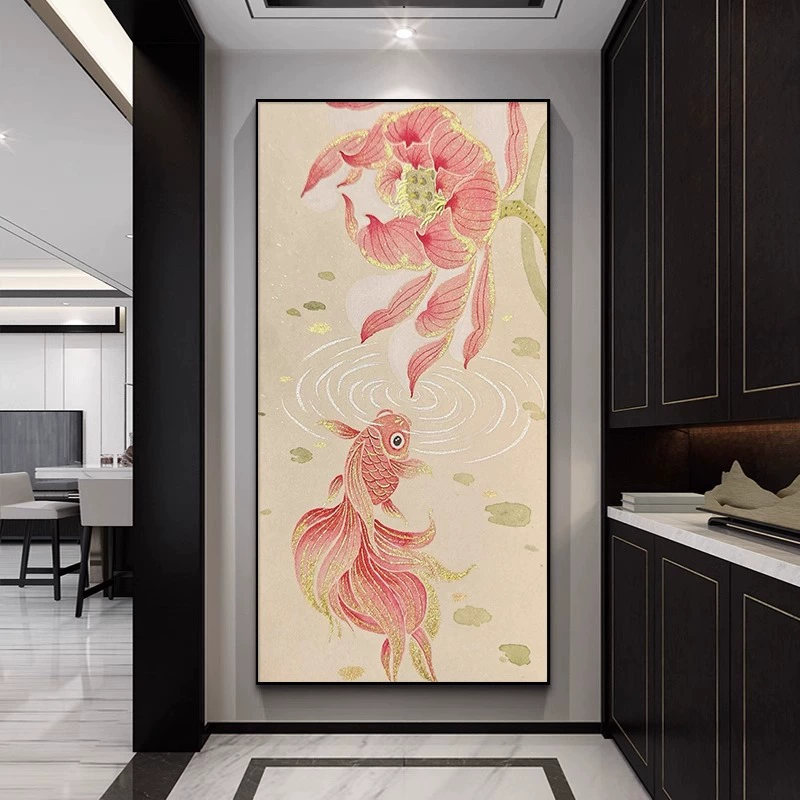 Song Dynasty Aesthetic Hanging Painting Good Luck Koi Entrance Decoration Painting Song Style Creative Living Room Grand Ancient Style Hanging Painting