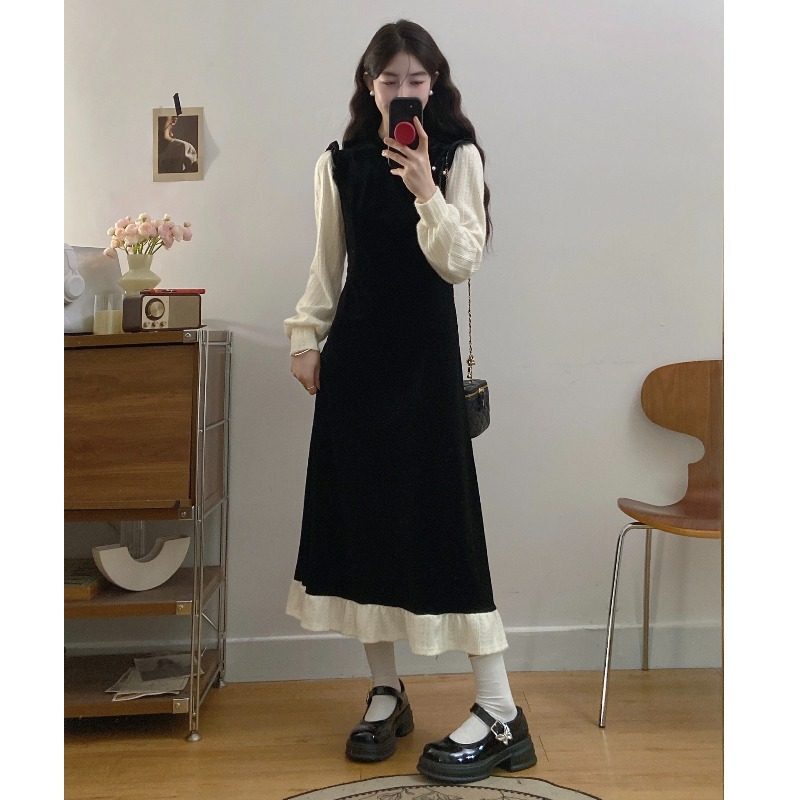 New Chinese-Style Improved Cheongsam Dress with a High-End Feel, Black Velvet Dress for Women, Spring Season, Plus Size, Faux Two-Piece Long Dress