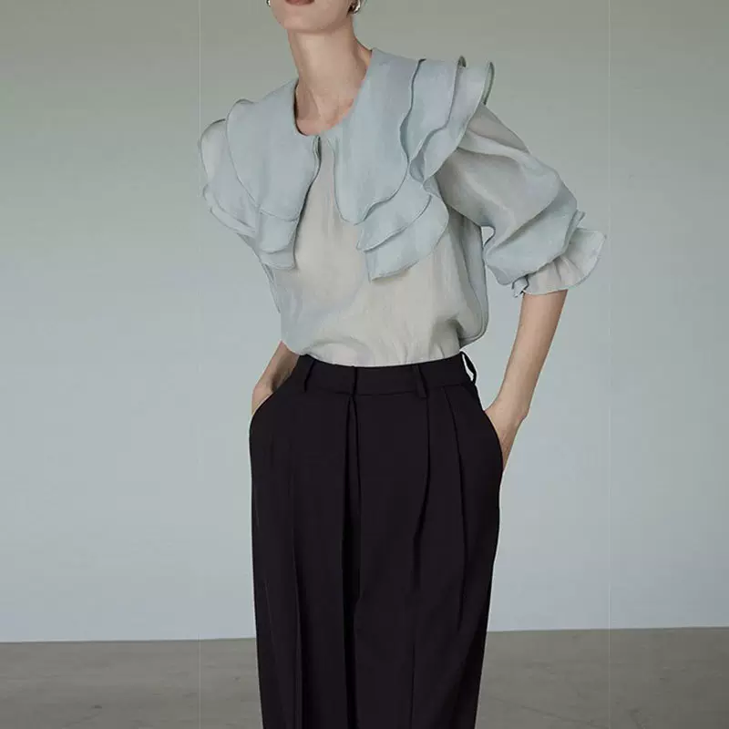 现货UNSPO 荷叶边短袖衬衫2023衬衣女设计感小众百搭上衣气质高级