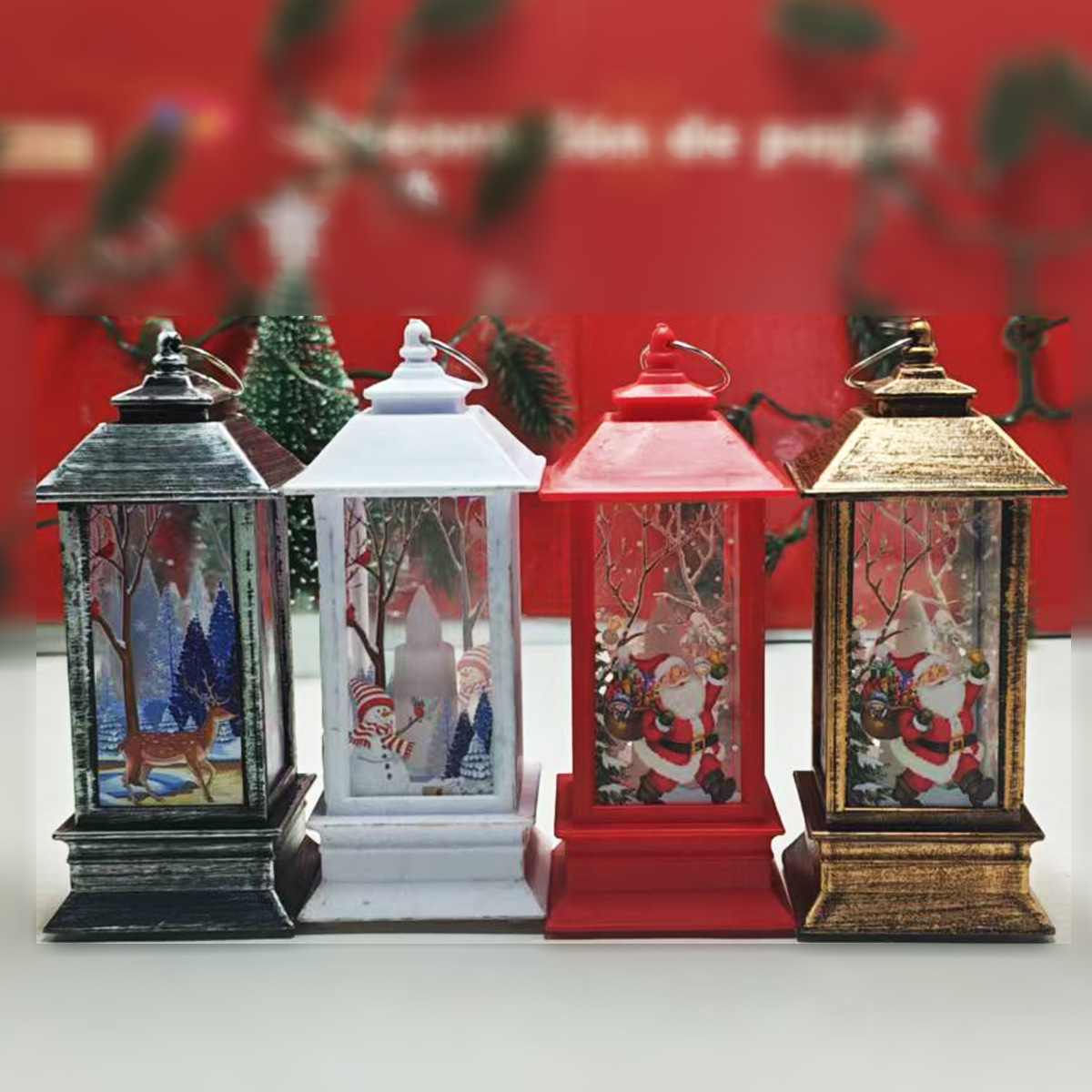 Linterna cuadrada pequeña de Navidad, adorno decorativo de escritorio, decoración colgante para árbol de Navidad, luz nocturna retro, regalo de Navidad