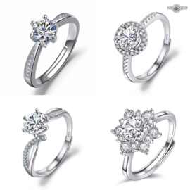 仿真一克拉锆石戒指女镀18K金六爪镶钻指环手饰品纯银首饰批发