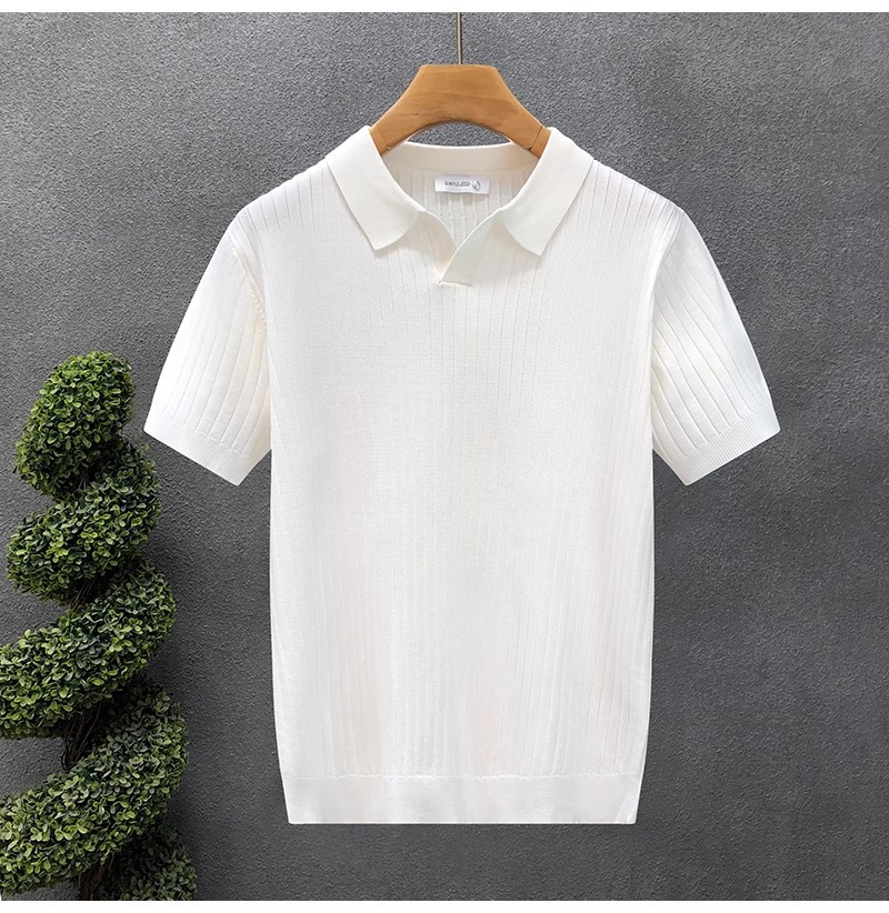 Herren Polohemd Gestrickt Gestreift Eisseide Kurzarm V-ausschnitt_voghion.com