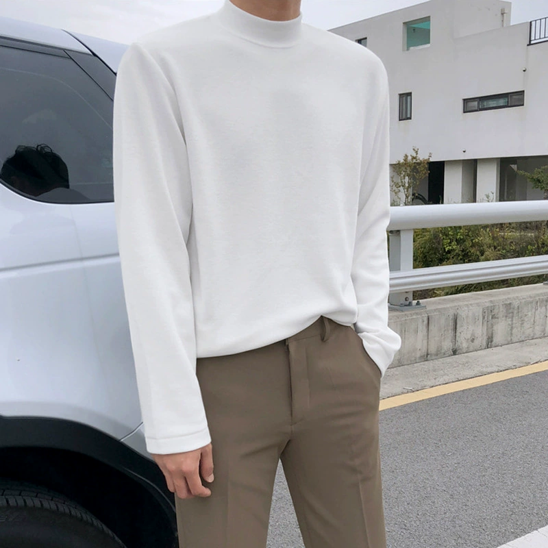 【Распродажа】Мужская футболка с воротником-стойкой и длинным рукавом, свободного кроя, для осени и зимы, базовая модель белого и черного цветов, модный топ для ношения под одеждой.