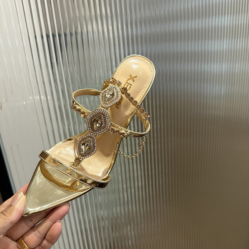 2025 Summer Sexy Banquet Nightclub Rhinestone Crystal Buckle Straight Buckle Sandals Pointed Toe Stiletto High Heels Women's Gold