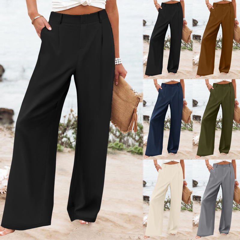 2026 Cross-Border Amazon New Women's Summer Fashion Loose Solid Color High-Waisted Casual Pants Straight-Leg Pants Long Pants