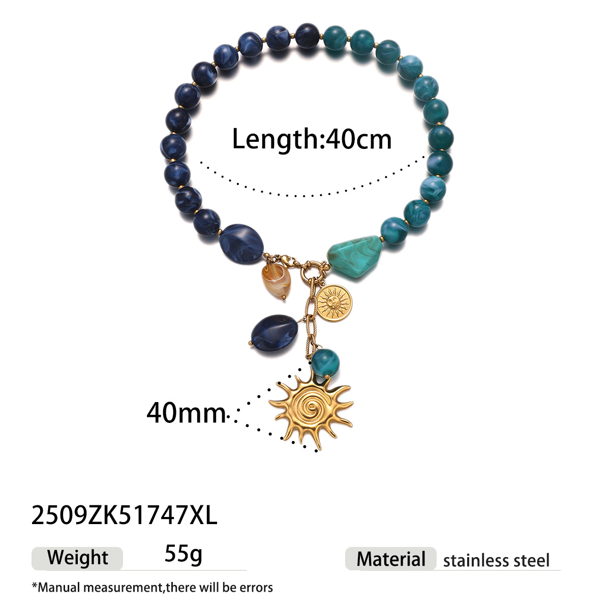 Collar de acero inoxidable de alta calidad acrílico azul para mujeres no se desvanece
