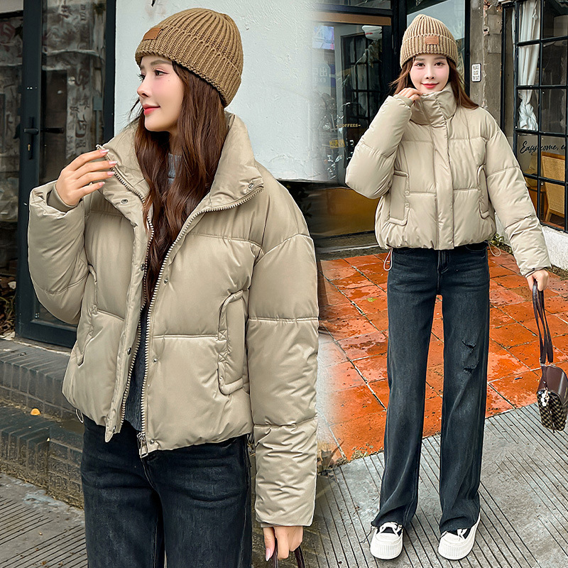 Nuevo cuello corto sin lavado pu piel plumón chaqueta de algodón mujer 2024 chaqueta de invierno chaqueta de algodón gruesa abrigo caliente moda image 4