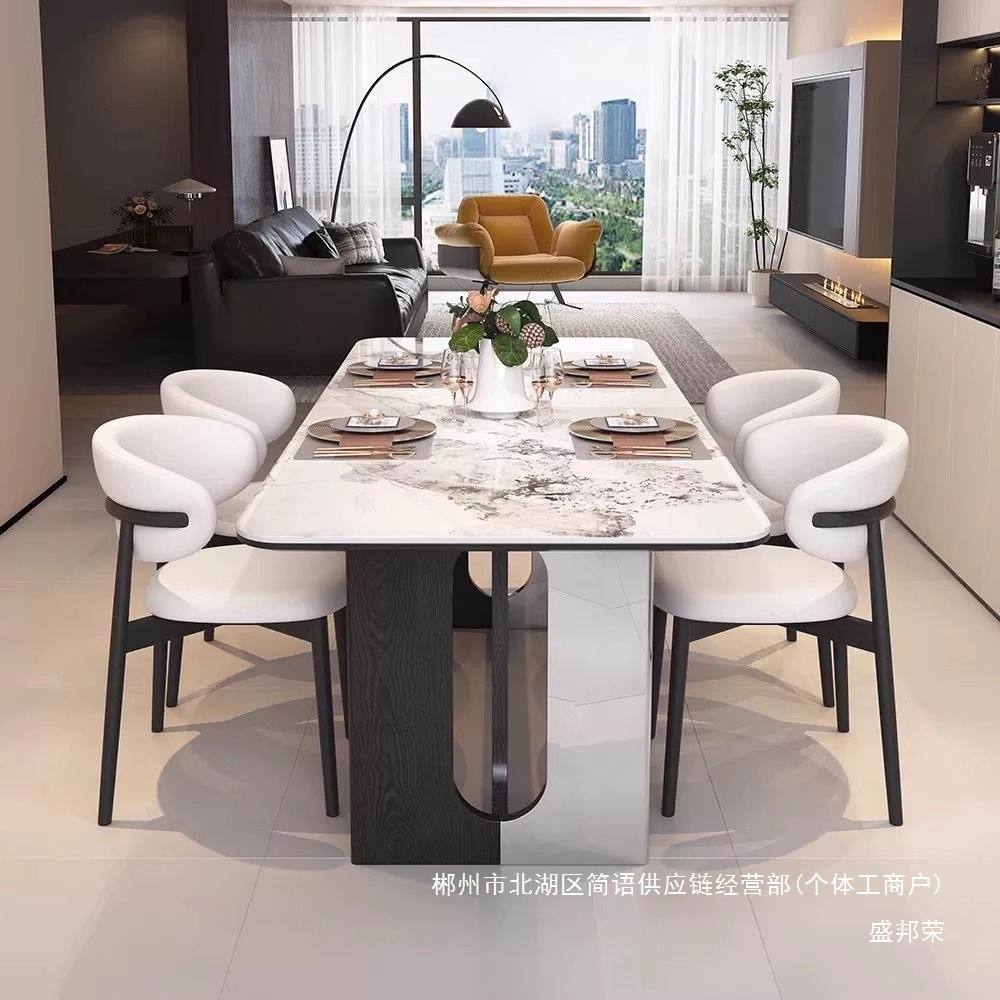 Fábrica directa 2026 nuevo estilo italiano de lujo ligero minimal brillante tabla de roca casera mesa de comedor combinación de sillas pequeñas casas modernas