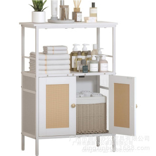 Bathroom Floor Storage Cabinet with Rattan Door Free Standing Bathroom Cabinets with Metal Frame Coffee Bar Holder