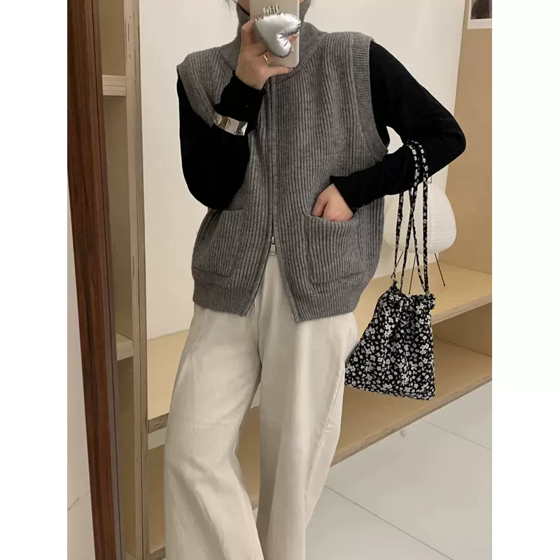春秋季新款韩系双拉链针织马甲女背心翻领无袖针织衫毛衣开衫外套