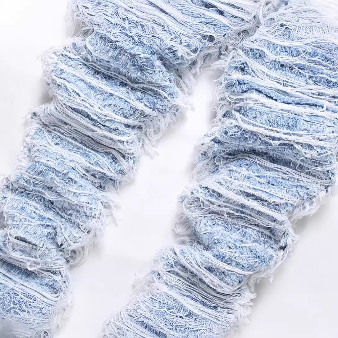 Herenkleding, trendy heavy duty gestapelde losse broek met kwastjes geborduurd gesneden haar en snor losse zoom jeans voor heren_voghion.com