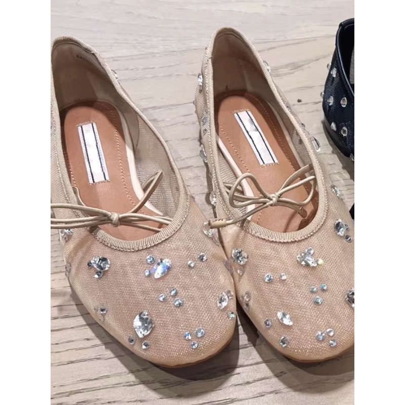 In Stock~Mesh Rhinestone Mary Jane Shoes for Women 2026 Summer Breathable Bowknot Flat Ballet Shoes Shallow Mouth Single Shoes