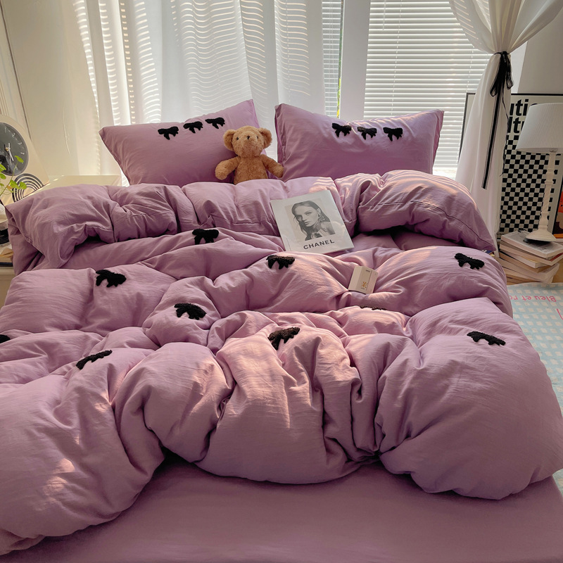 2024 nuevo estilo suave lazo toalla bordado nube lavada algodón funda edredón de cuatro piezas sábana sábana sábana simple y elegante