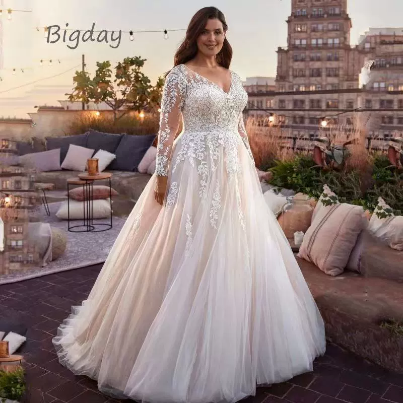 Свадебное платье, элитное, с длинным рукавом, импортное, Aliexpress, V-образный вырез, фатин