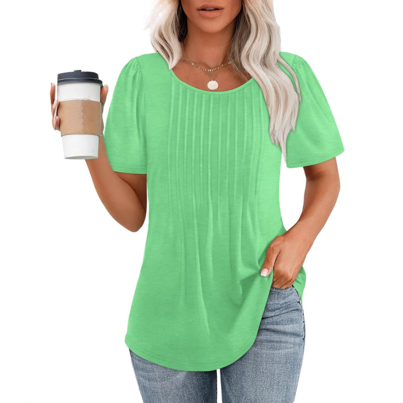 2025 アマゾン貿易ルーズヨーロッパとアメリカの新しいスタイルのプリーツラウンドネック半袖 Tシャツレディーストップストリップ無地婦人服|undefined