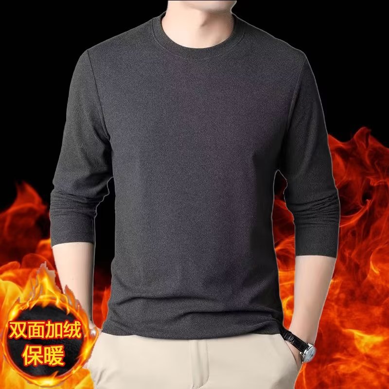 Origen Fabricante Calentador Ropa interior térmica Camiseta de camiseta para hombre Cuello redondo largo Otoño e invierno Camisa delgada de doble cara con base de terciopelo alemán