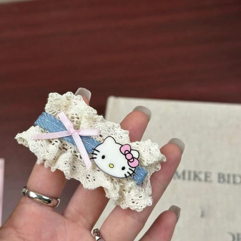 夏季时尚新款蕾丝KT猫蕾丝蝴蝶结发夹甜美可爱少女心鸭夹爆款发饰|undefined