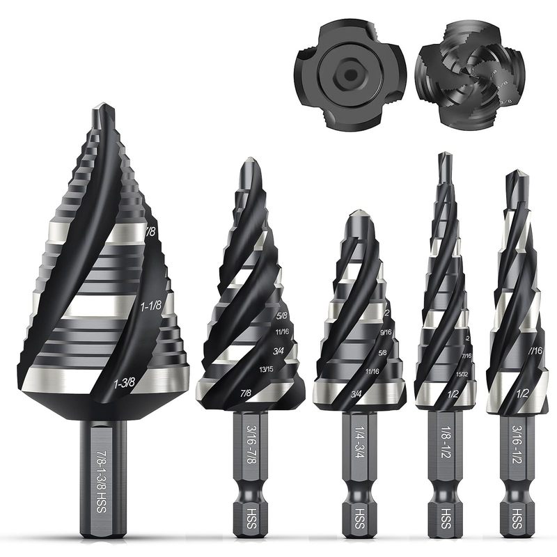 四螺旋槽阶梯钻头套装5PCS 1/8"-1-3/8" 1/4"3/8"高速钢金属钻头|undefined