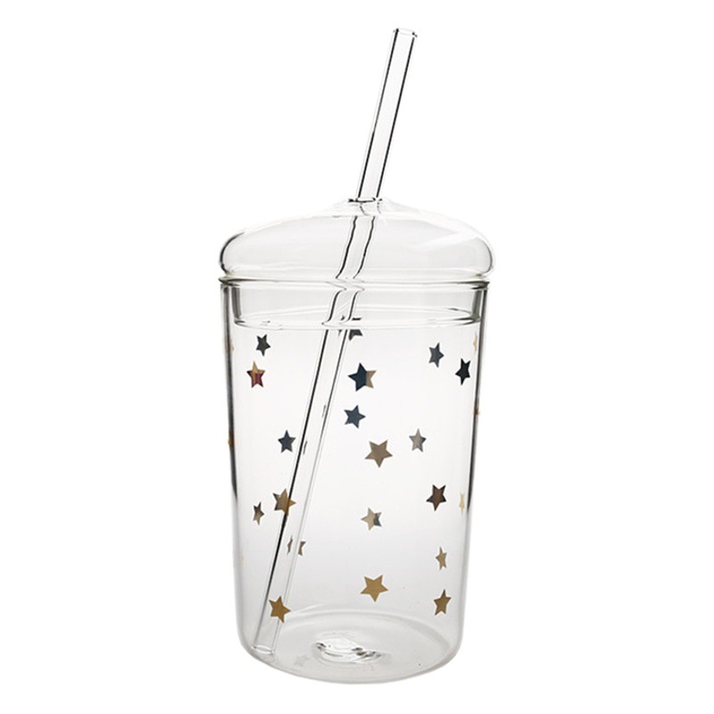 Taza de paja de vidrio de borosilicato con tapa de gran capacidad ins Wind Star taza de agua taza de jugo de leche de desayuno