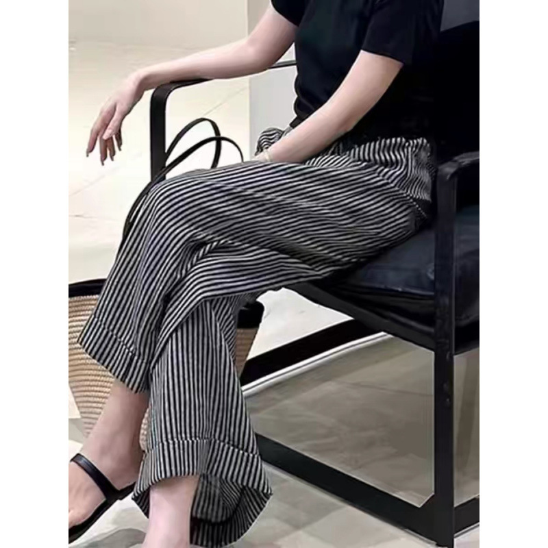 欧货2025黑白条纹薄款裤子女春季小个子慵懒松弛感显瘦休闲阔腿裤|undefined