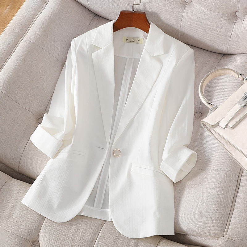 White Small Suit Jacket for Women Summer Thin 2025 New Three-Quarter Sleeve Lightweight Suit Linen Short Top Summer Style White Small Suit Jacket for Women Summer Thin 2025 New Three-Quarter Sleeve Lightweight Suit Linen Short Top Summer Style