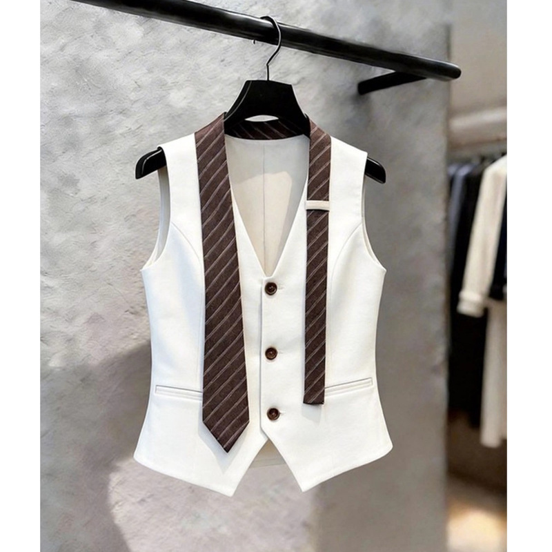 Retro College Style Suit Vest for Women 2026 Summer White Striped Tie Decoration Slimming V-Neck Sleeveless Top