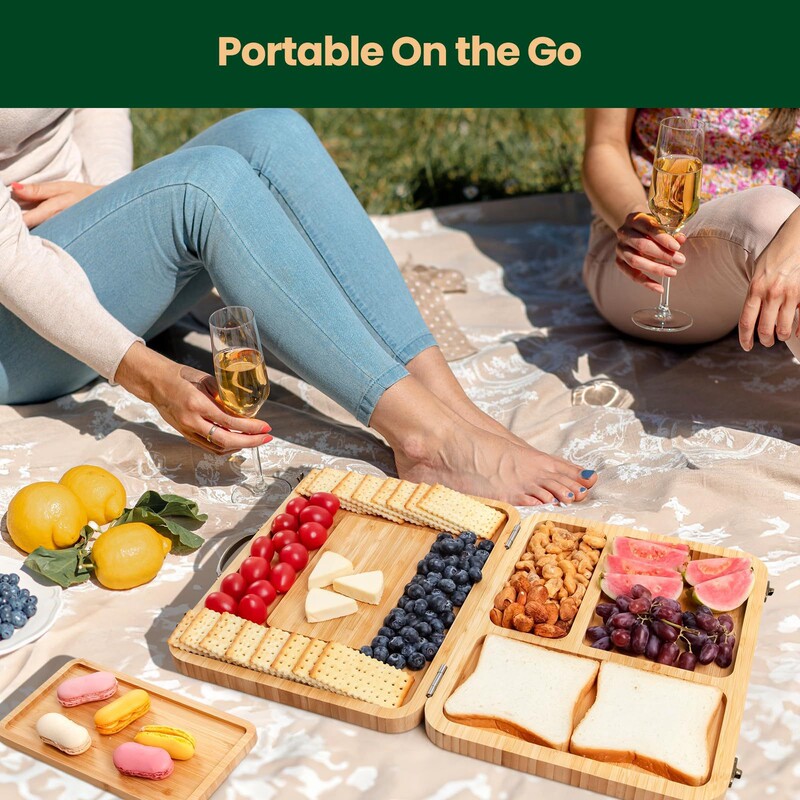 Bamboo Sturdy Easy to Store Magnetic Mounting Serving Platter with Knife Travel Picnic Cheese Tray Set
