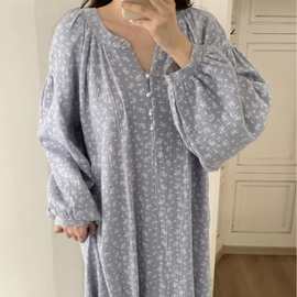 跨境专供ins韩系小碎花双层棉纱宽松慵懒家居服睡裙连衣裙女