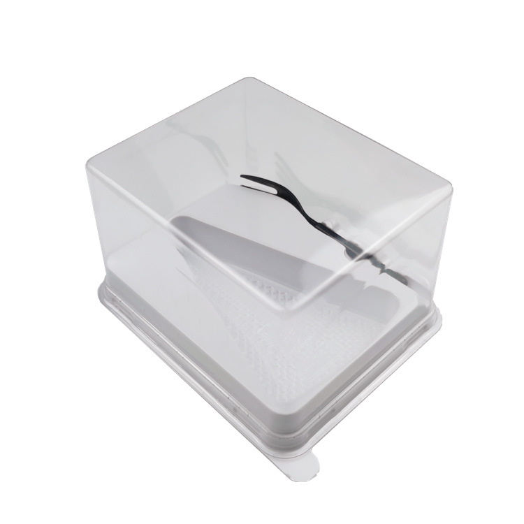 Triángulo grueso corte de fresa Mango mousse caja de pastel caja de embalaje de mil capas con tenedor tapa antiniebla transparente