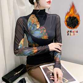 欧货加绒加厚新款高领长袖网纱定位印花t恤女时尚修身打底衫潮