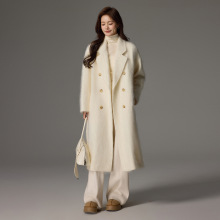 新年战袍拉毛山羊绒长毛大衣女廓形双排扣白色宽松中长款毛呢外套
