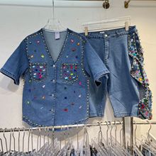 欧洲站设计感牛仔套装女重工烫彩钻短袖衬衫 +侧面铆钉短裤两件套