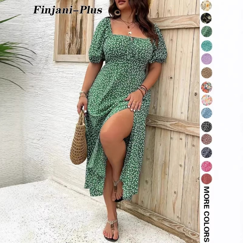 Cross-Border Plus-Size Floral Split Dress with Puff Sleeves and Tie, Summer Casual Wear for Plus-Size Women Cross-Border Plus-Size Floral Split Dress with Puff Sleeves and Tie, Summer Casual Wear for Plus-Size Women